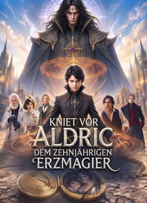 Kniet vor Aldric, dem zehnjährigen Erzmagier.
